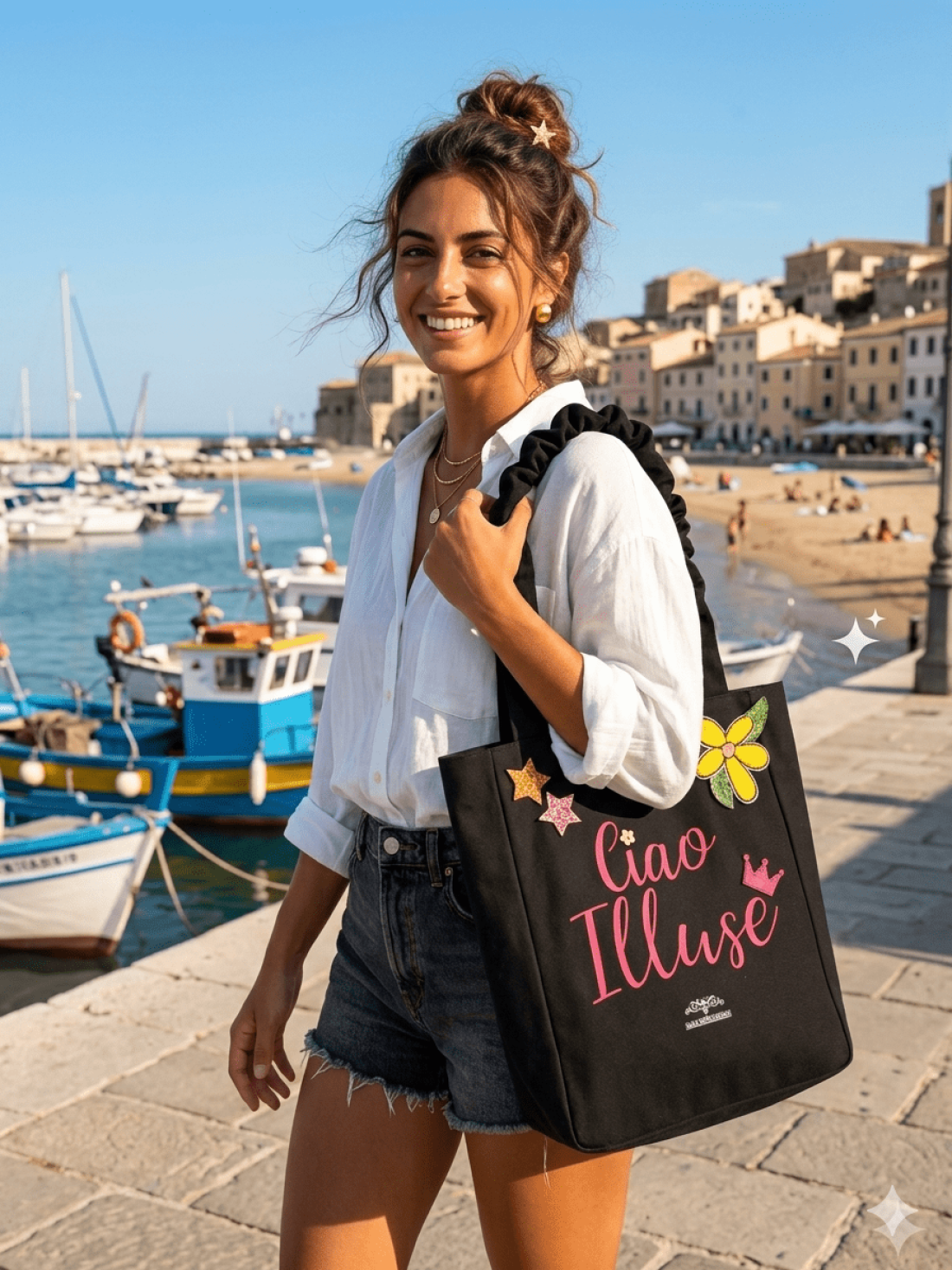 Shopper in Canvas Personalizzata con Ricami in Paillettes "Ciao illuse"