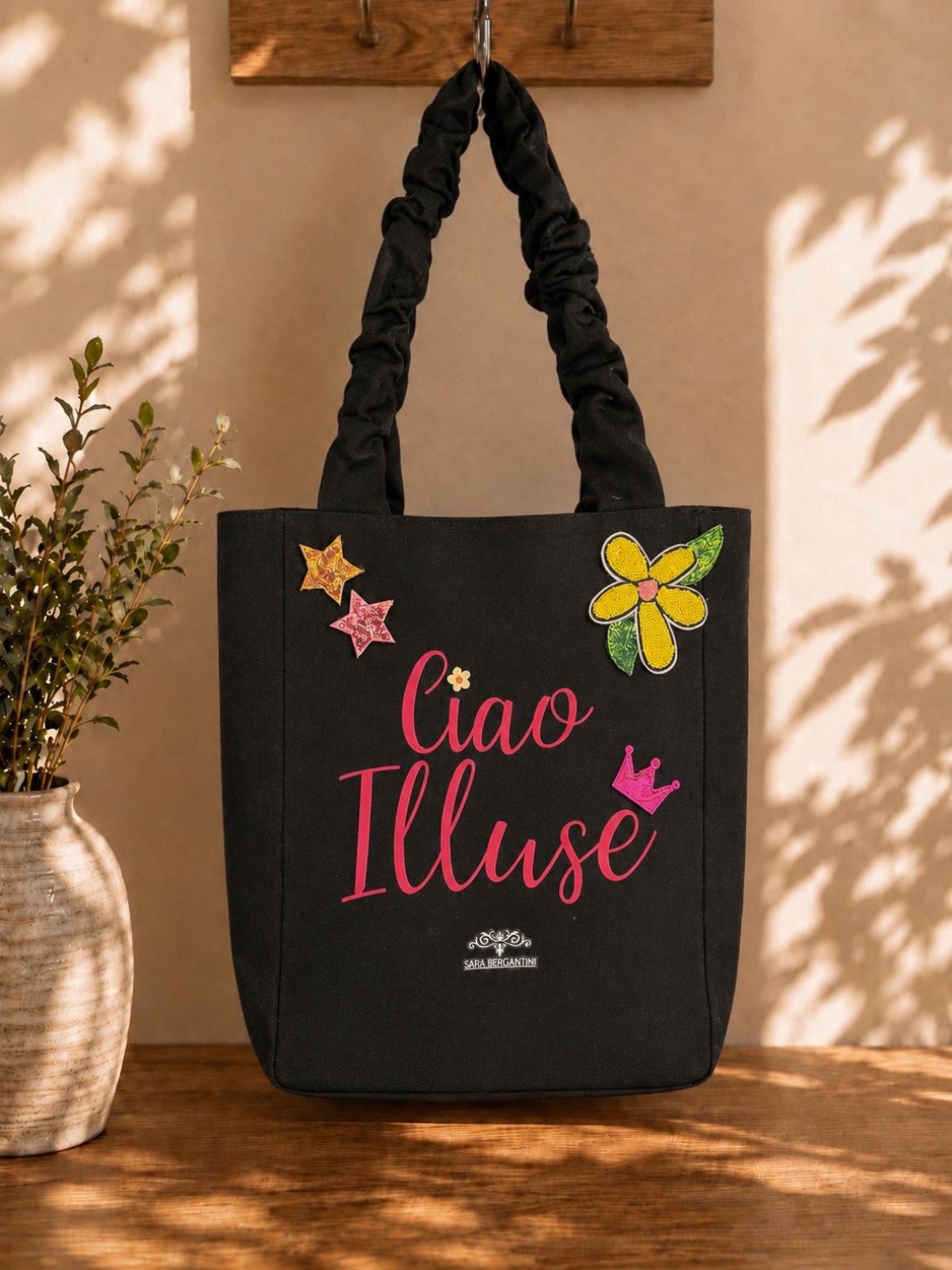Shopper in Canvas Personalizzata con Ricami in Paillettes "Ciao illuse"