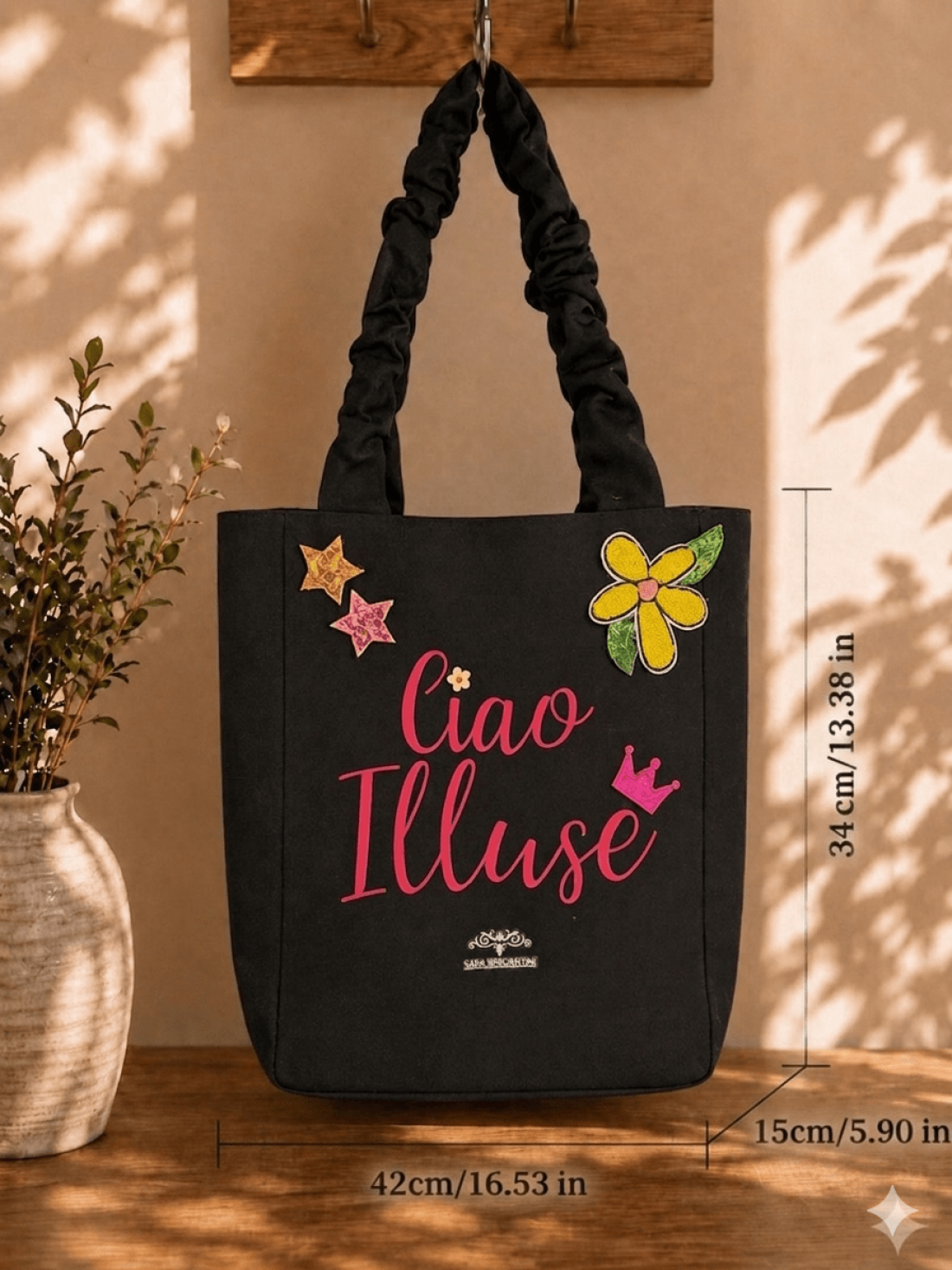 Shopper in Canvas Personalizzata con Ricami in Paillettes "Ciao illuse"
