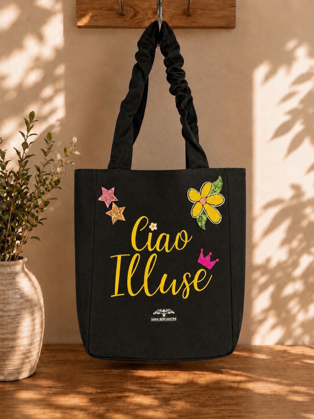 Shopper in Canvas Personalizzata con Ricami in Paillettes "Ciao illuse"