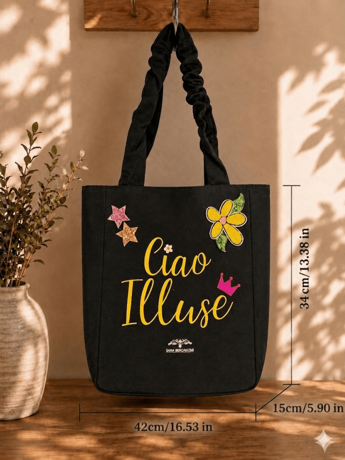 Shopper in Canvas Personalizzata con Ricami in Paillettes "Ciao illuse"