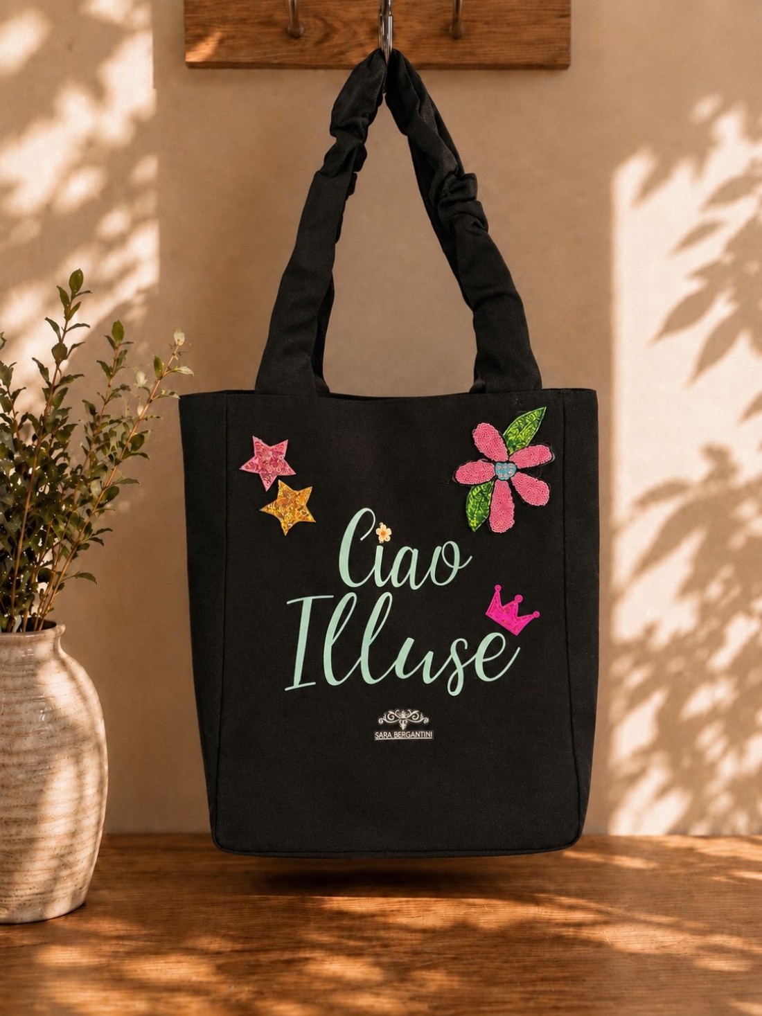 Shopper in Canvas Personalizzata con Ricami in Paillettes "Ciao illuse"