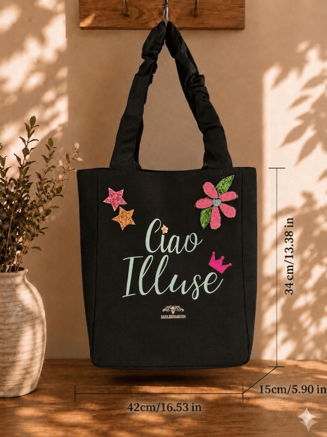 Shopper in Canvas Personalizzata con Ricami in Paillettes "Ciao illuse"