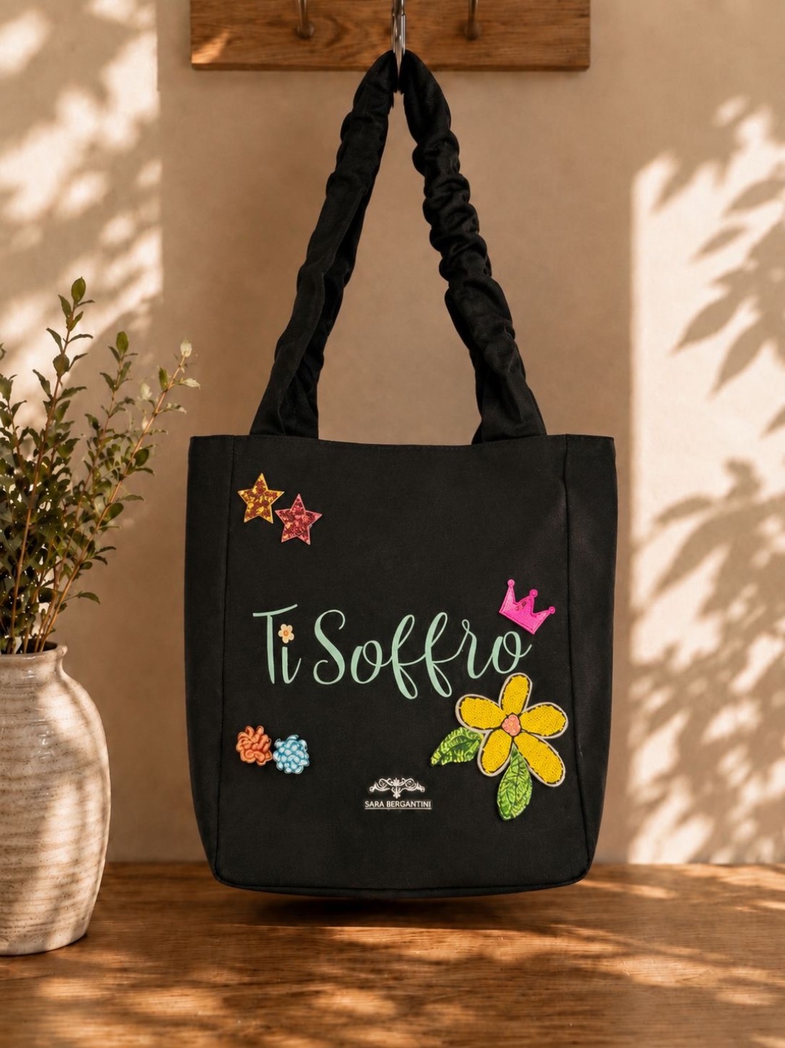 Shopper in Canvas Personalizzata con Ricami in Paillettes "Ti soffro"