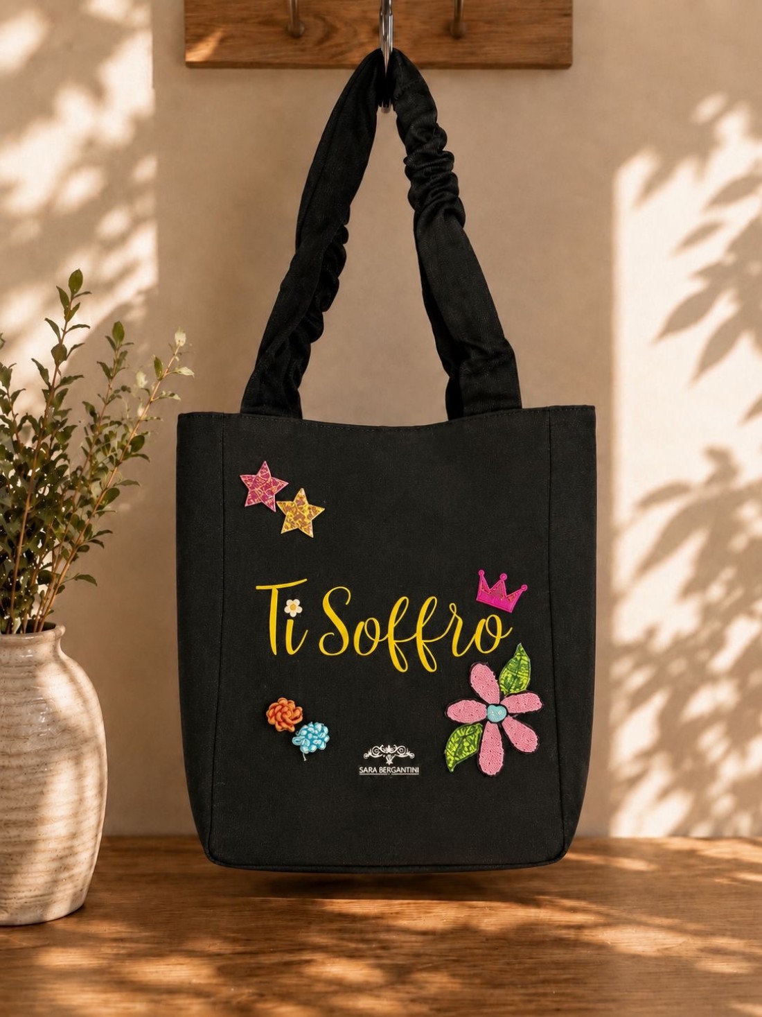 Shopper in Canvas Personalizzata con Ricami in Paillettes "Ti soffro"