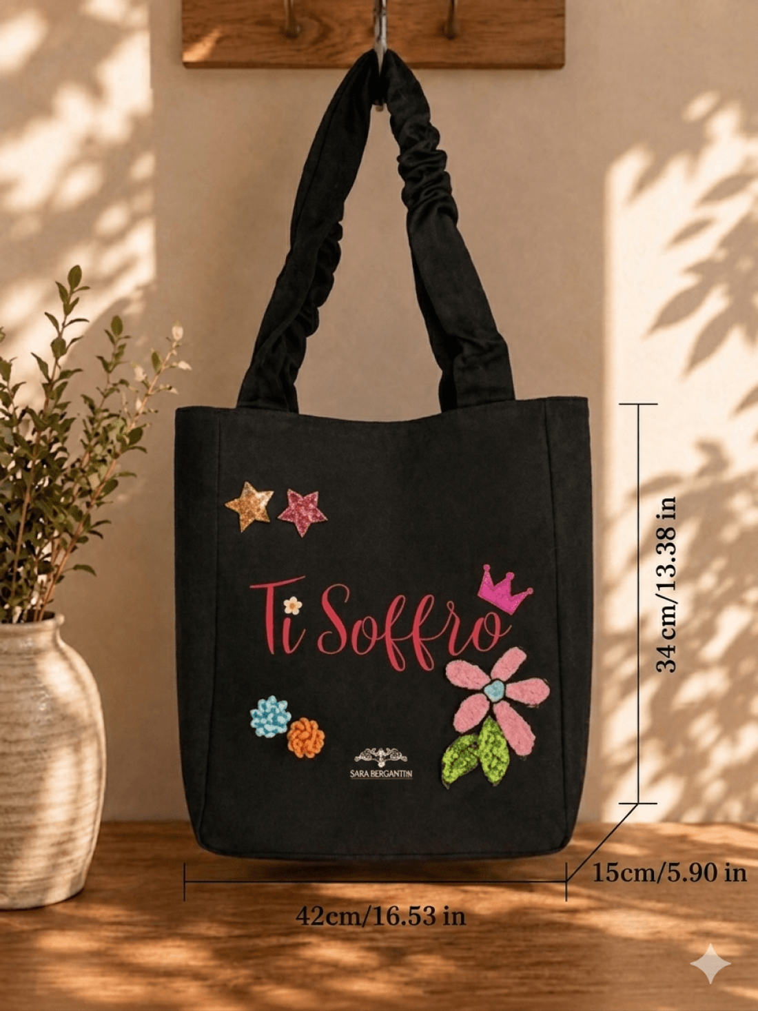 Shopper in Canvas Personalizzata con Ricami in Paillettes "Ti soffro"