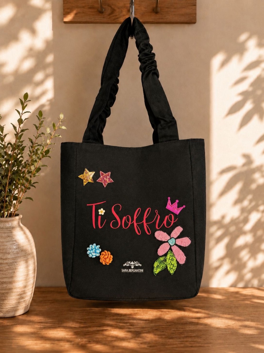Shopper in Canvas Personalizzata con Ricami in Paillettes "Ti soffro"