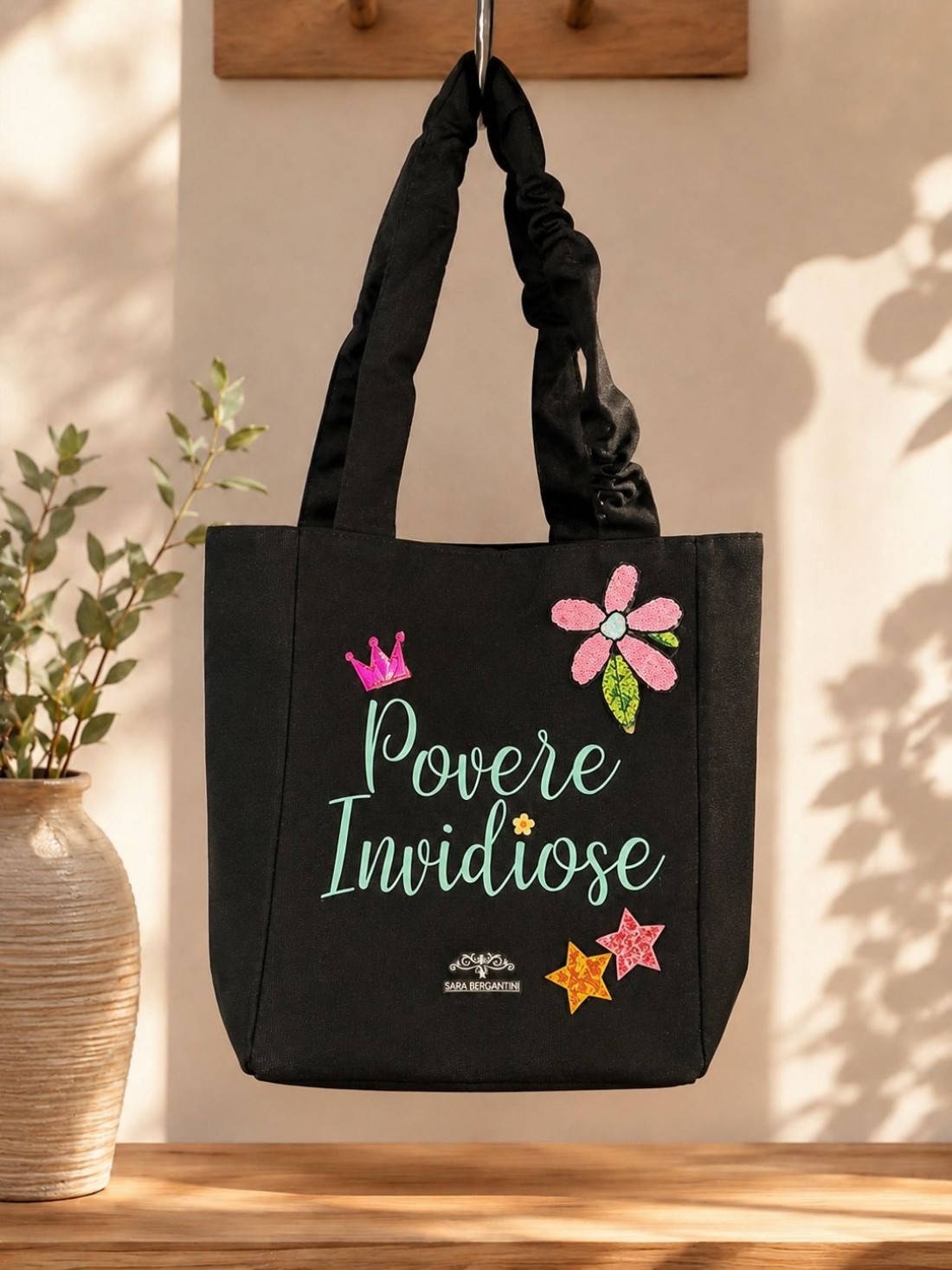 Shopper in Canvas Personalizzata con Ricami in Paillettes "Povere Invidiose"