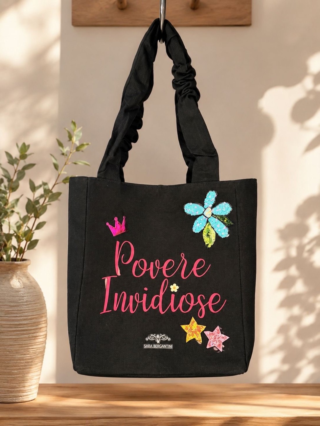 Shopper in Canvas Personalizzata con Ricami in Paillettes "Povere Invidiose"