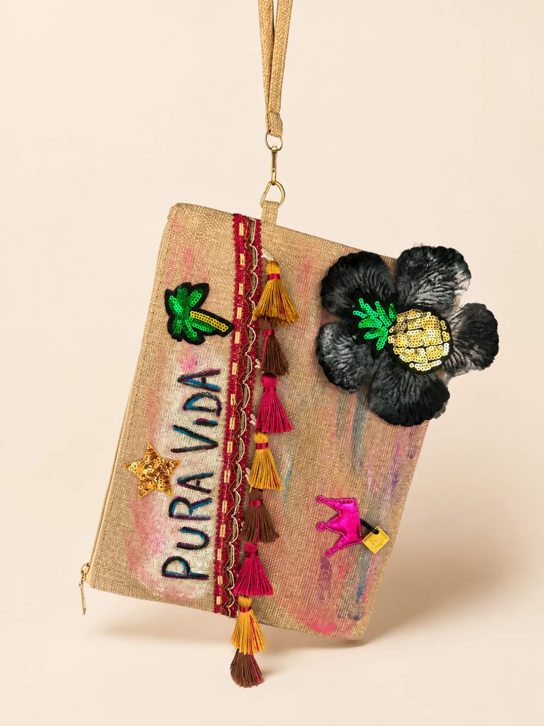 Pochette "Pura Vida" in canapa dipinte a mano