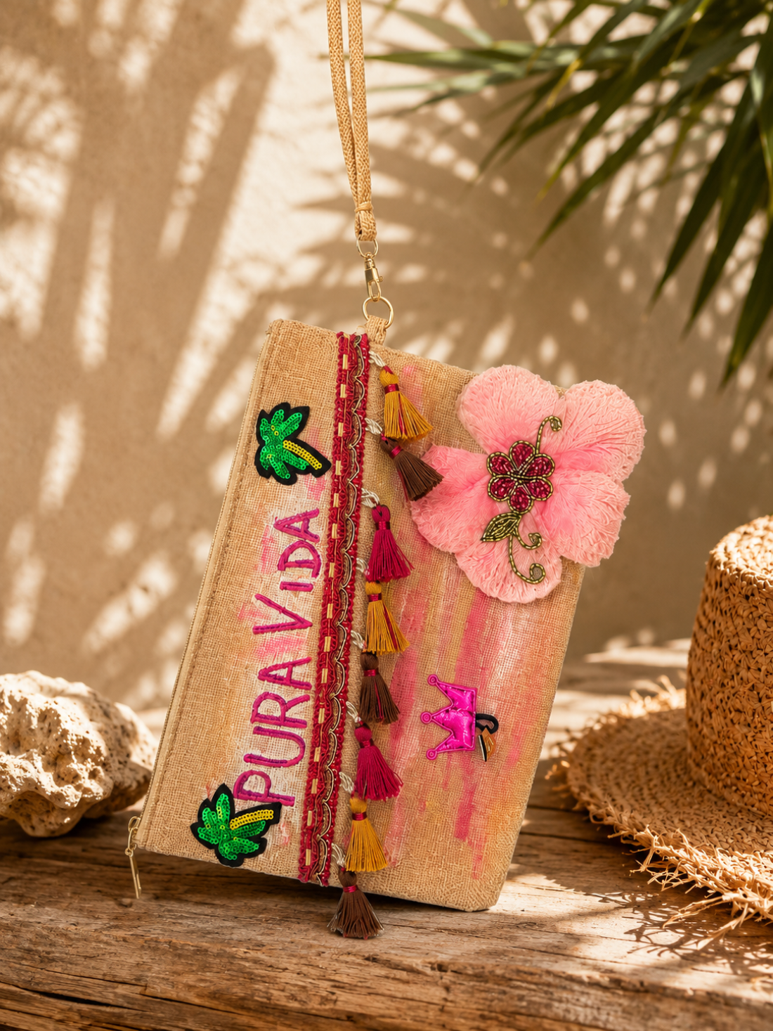 Pochette "Pura Vida" in canapa dipinte a mano