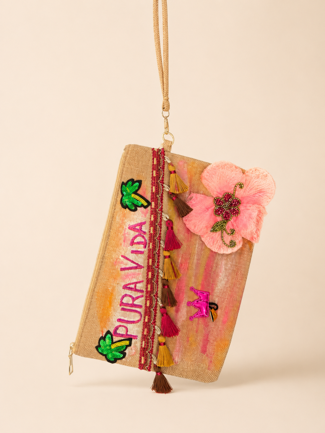 Pochette "Pura Vida" in canapa dipinte a mano