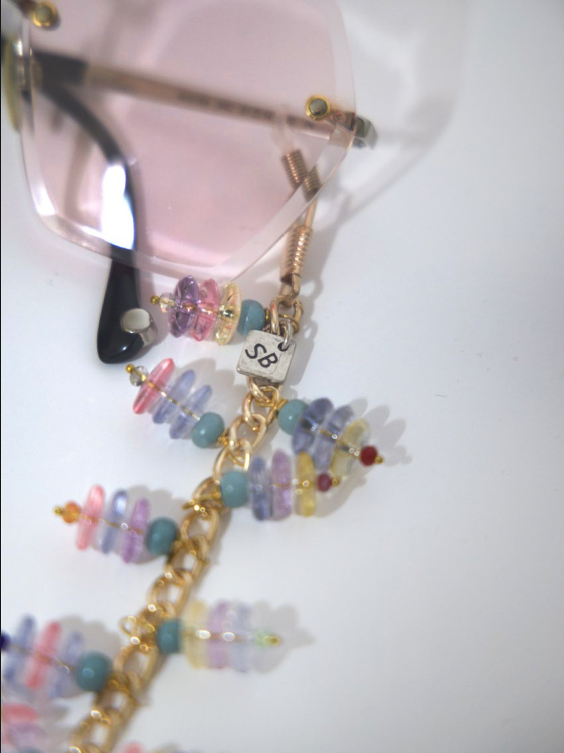 Catenella porta Occhiali a Catena Oro con perline Rosa e Perline Turchesi