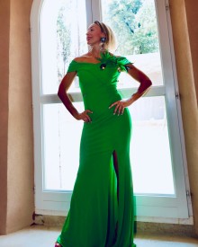 Abito Noemi Verde a  Sirena con Spalle Scese