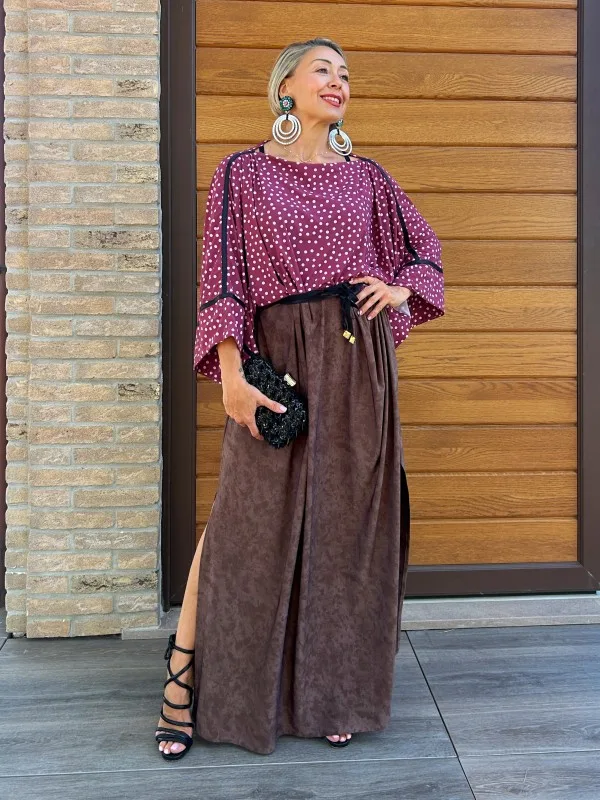 Abito Tokyo bordeaux con pois bianchi - Marrone